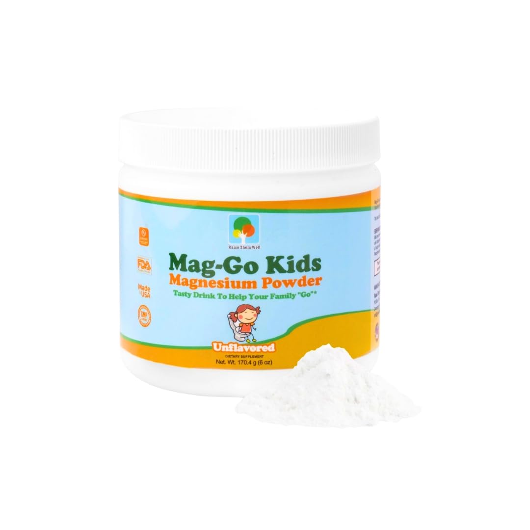 Front view of Raise Them Well Mag-Go Kids Magnesium Powder unflavored tub