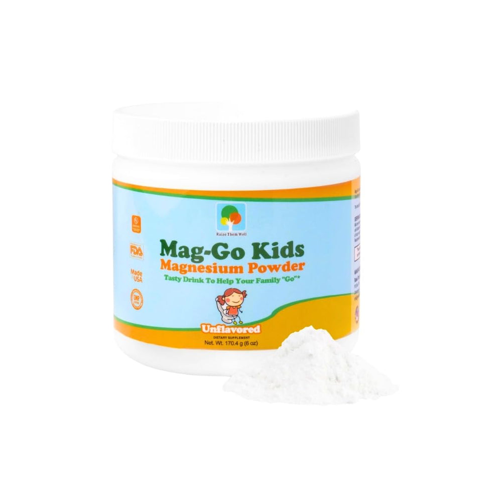 Front view of Raise Them Well Mag-Go Kids Magnesium Powder unflavored tub
