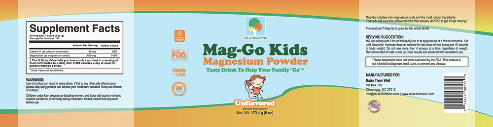 Close-up of Mag-Go Kids Magnesium Powder unflavored label