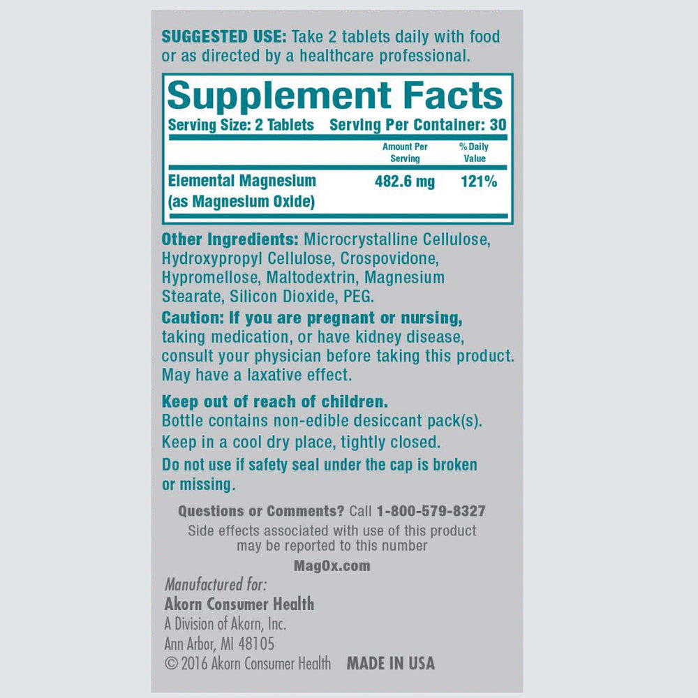 Back view of Mag-Ox bottle detailing dosage and ingredients