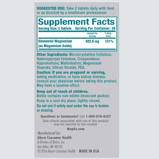 Back view of Mag-Ox bottle detailing dosage and ingredients