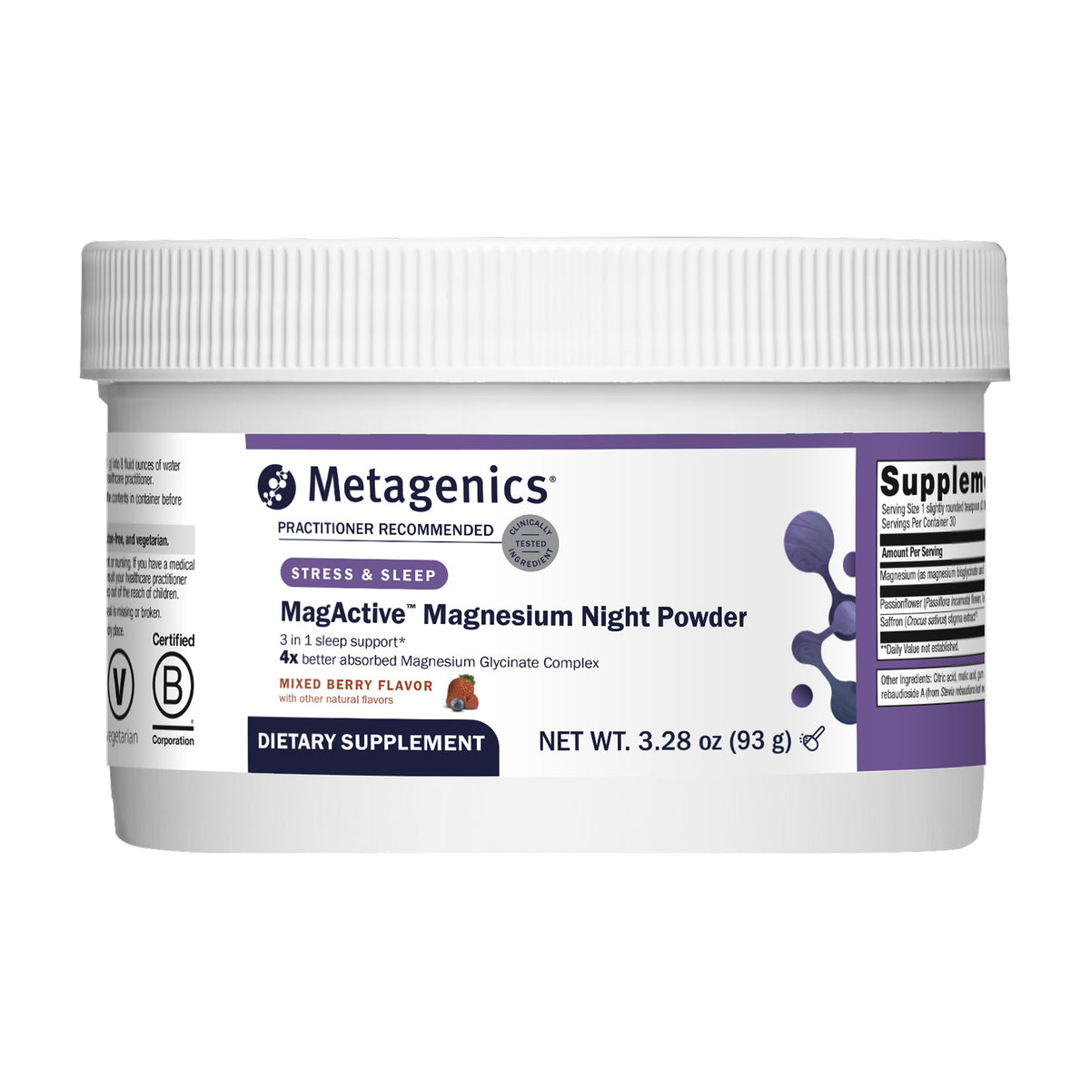 Front view of Metagenics MagActive Magnesium Night Powder bottle in mixed berry flavor