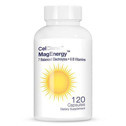 MagEnergy 7 Electrolytes and 8 Super B Vitamins bottle on white background