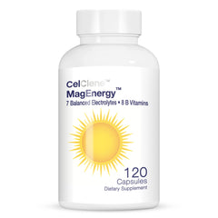 MagEnergy 7 Electrolytes and 8 Super B Vitamins bottle on white background