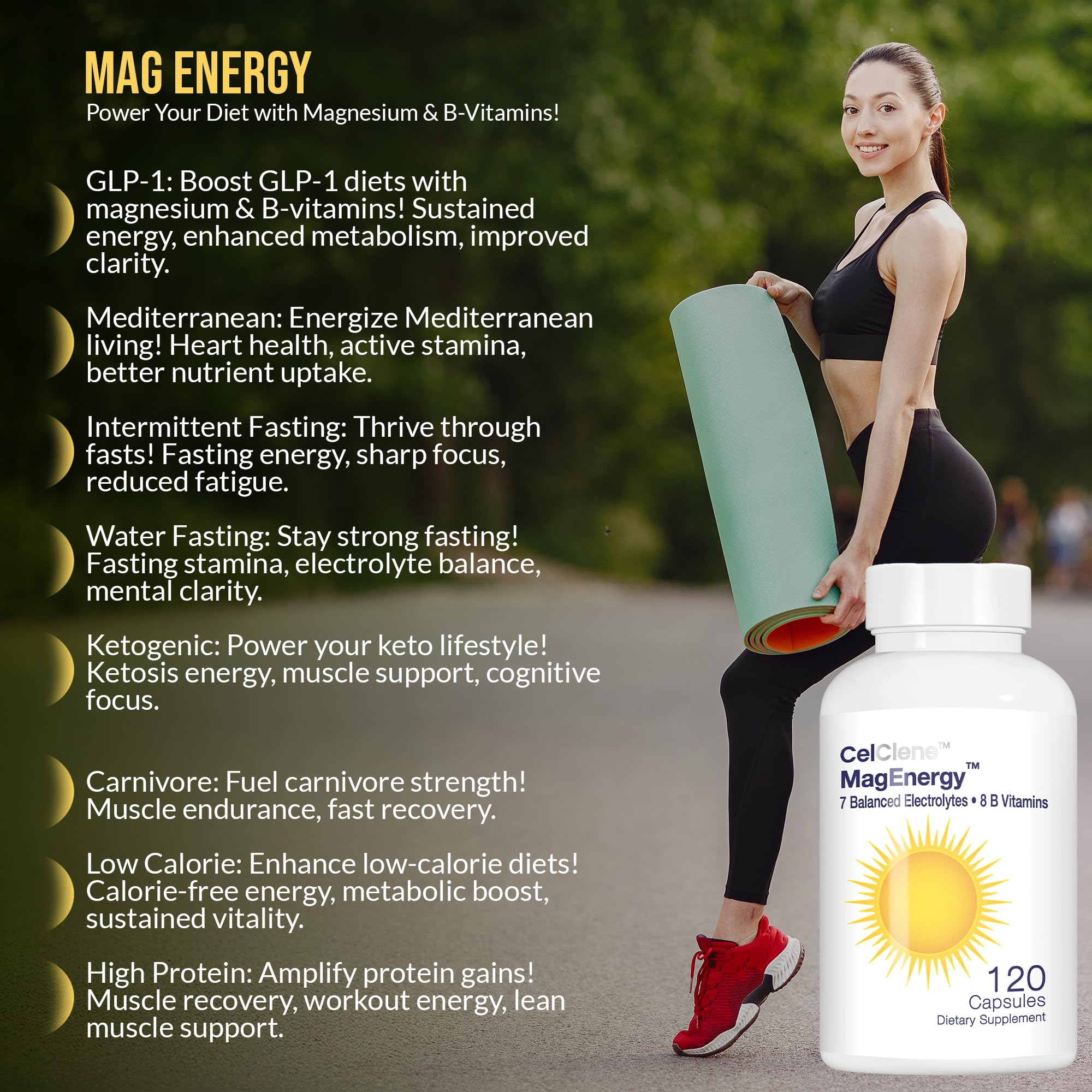 Front view of MagEnergy 7 packaging showing D3/K2, Biotin, and Zinc
