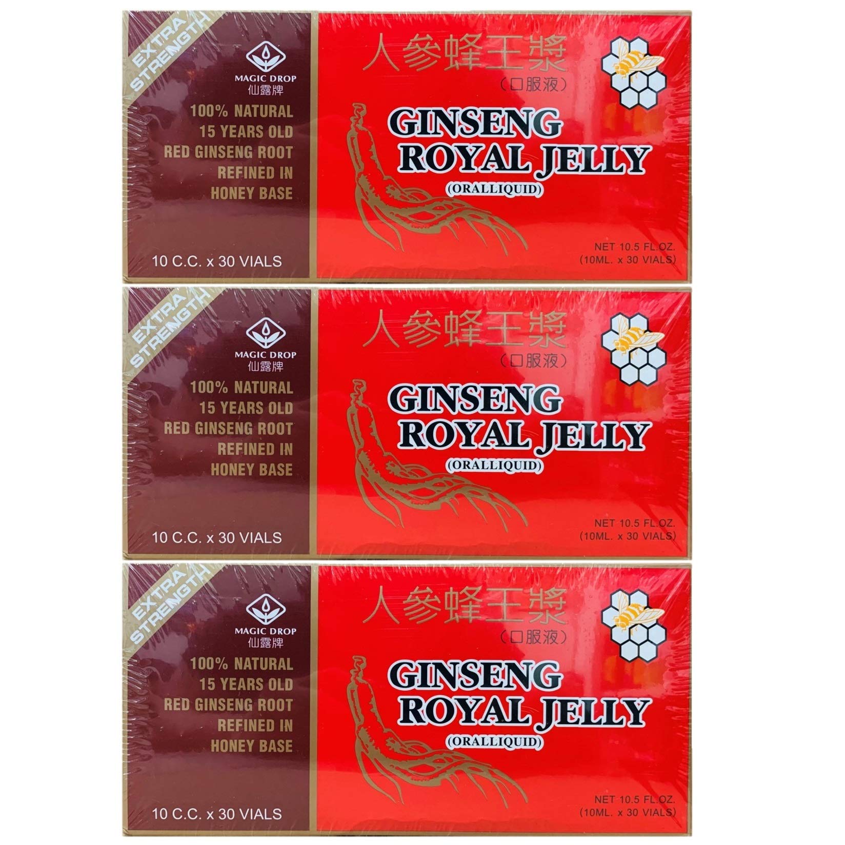 Product image showing 3 boxes of Magic Drop Ginseng Royal Jelly (30 vials per box, 90 vials total)