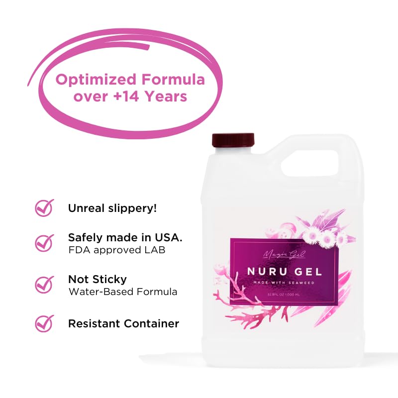 Close-up of clear fragrance-free gel from Magic Gel Nuru bottle