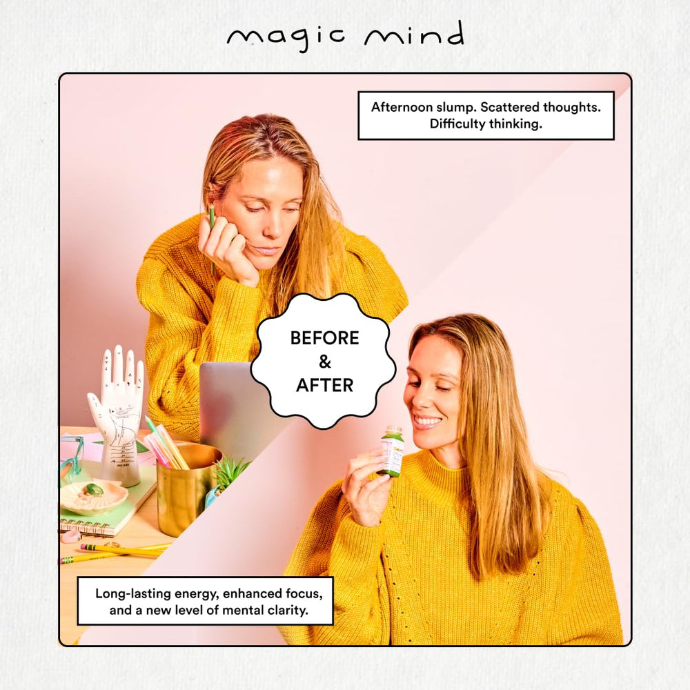 Magic Mind caffeine note indicates 55 mg per bottle for steady energy.