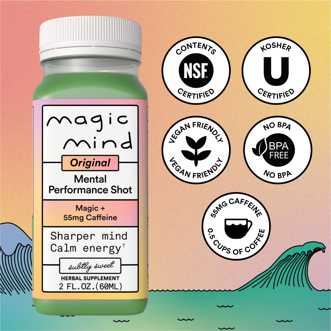 Close-up of Magic Mind bottle highlighting ingredients and caffeine content