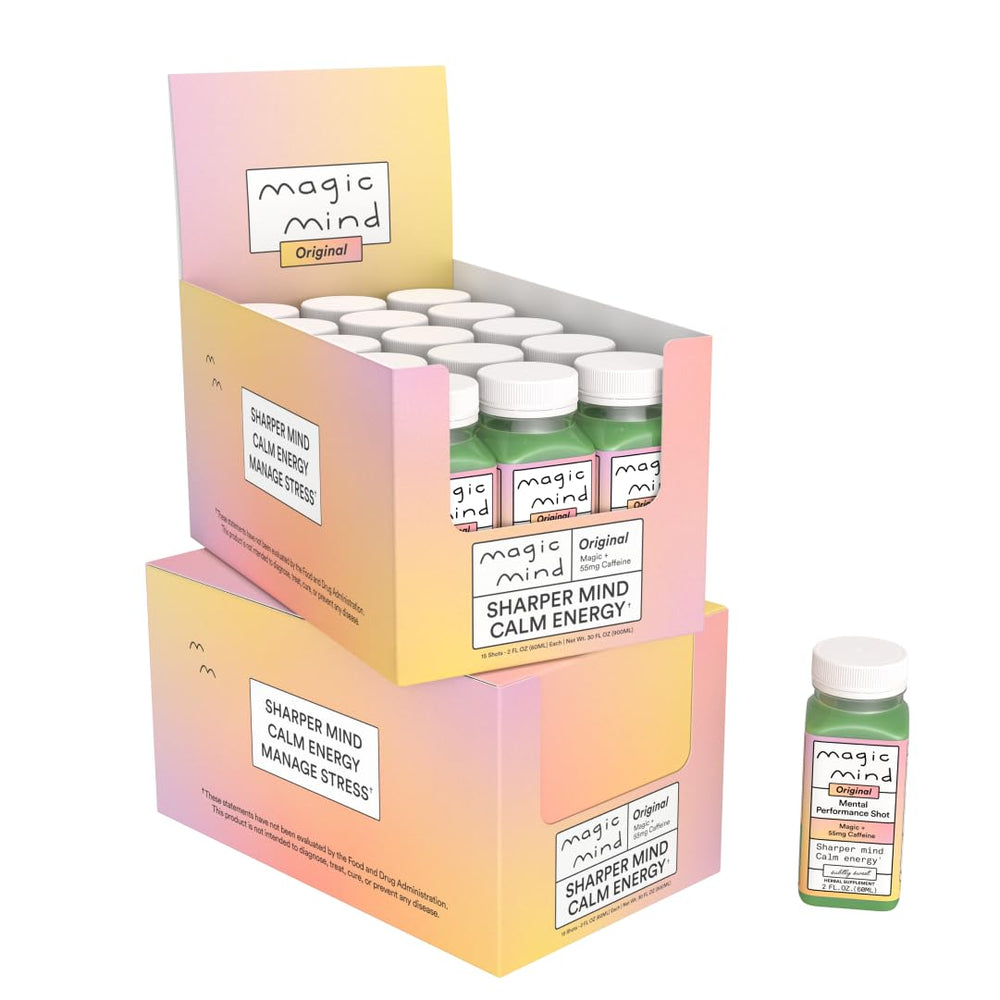 Magic Mind focus energy shot bottle promotes crisp clarity and smooth tasting energy.