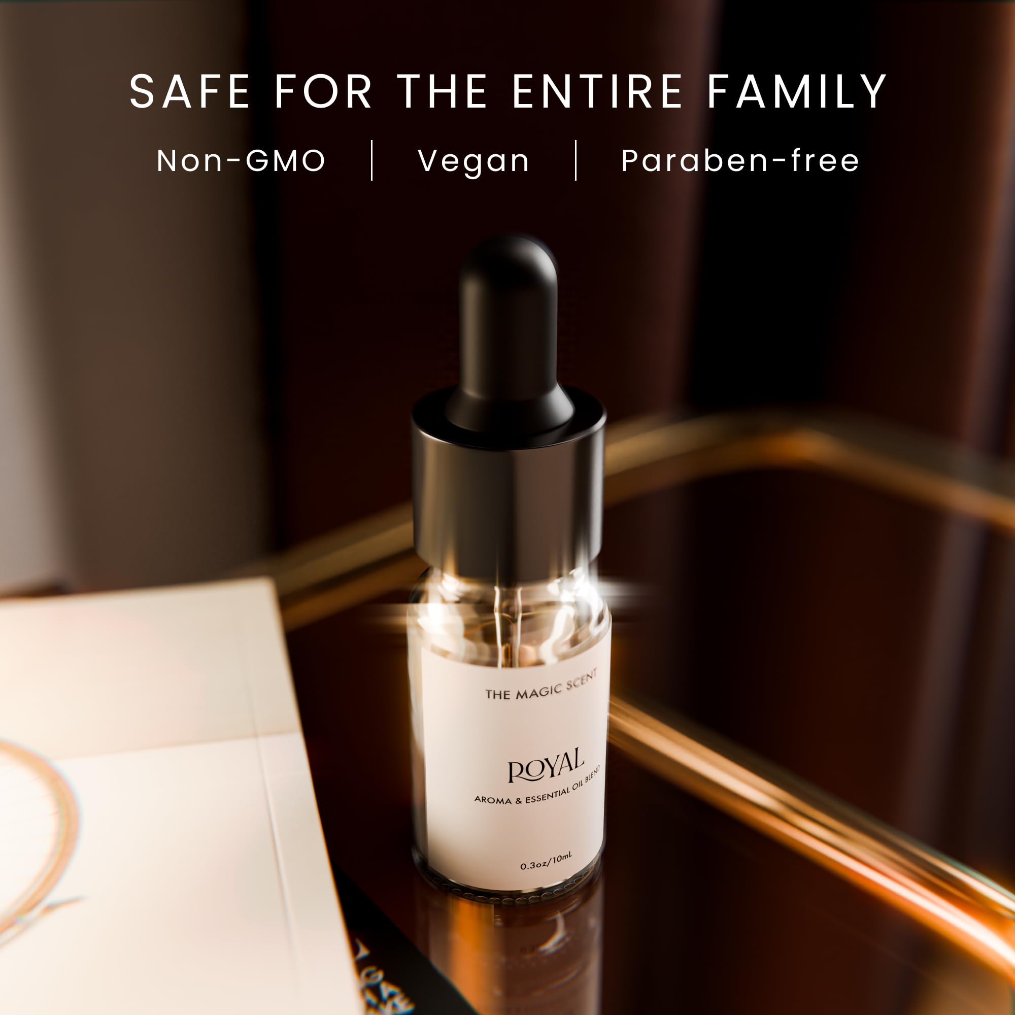 Close-up of Royal Diffuser Oil bottle with gold cap