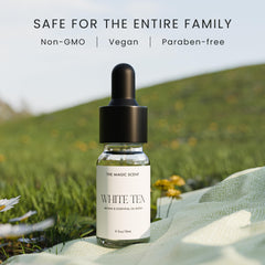 Close-up of diffuser oil bottle label showing White Tea scent
