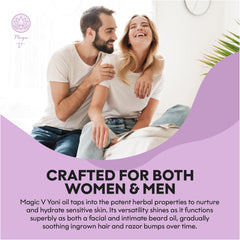 Magic V Yoni Oil applied on skin demonstrates instant soothing for sensitive areas.