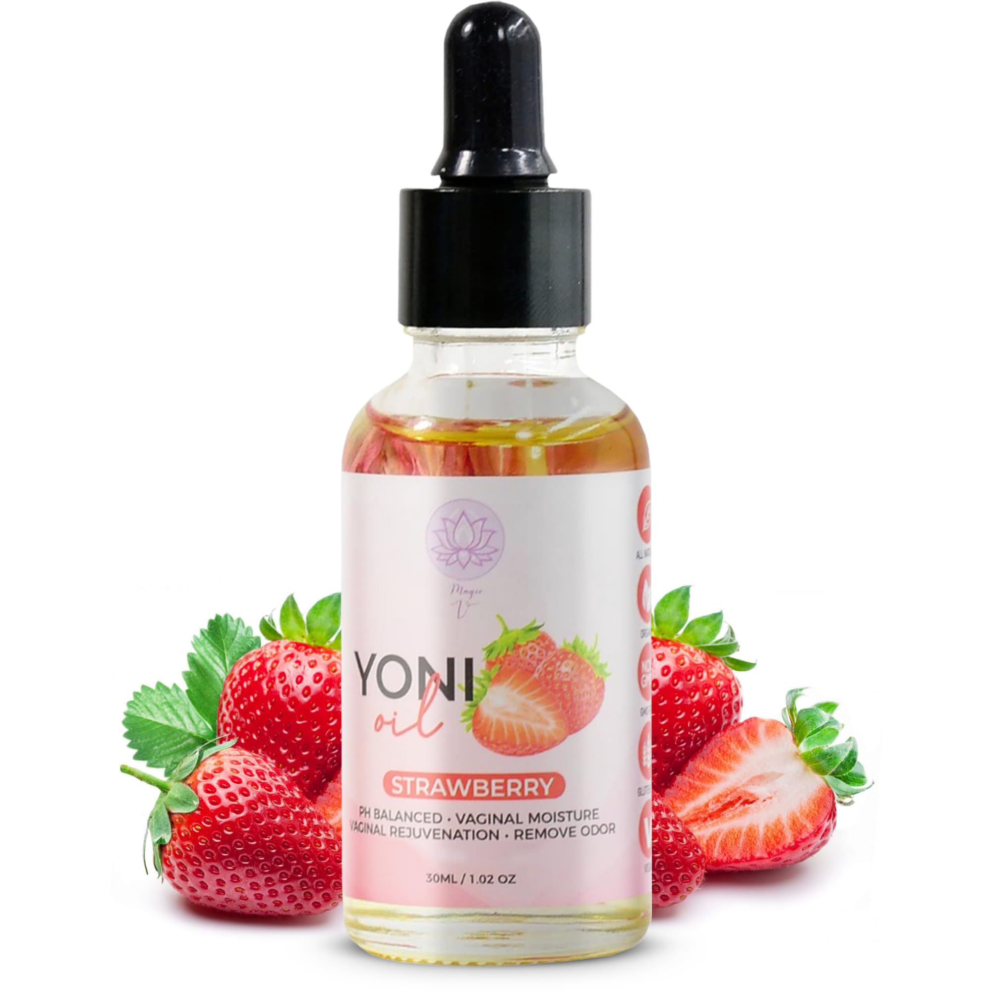 Magic V Yoni Oil bottle close-up for daily intimate care with soothing infusions.