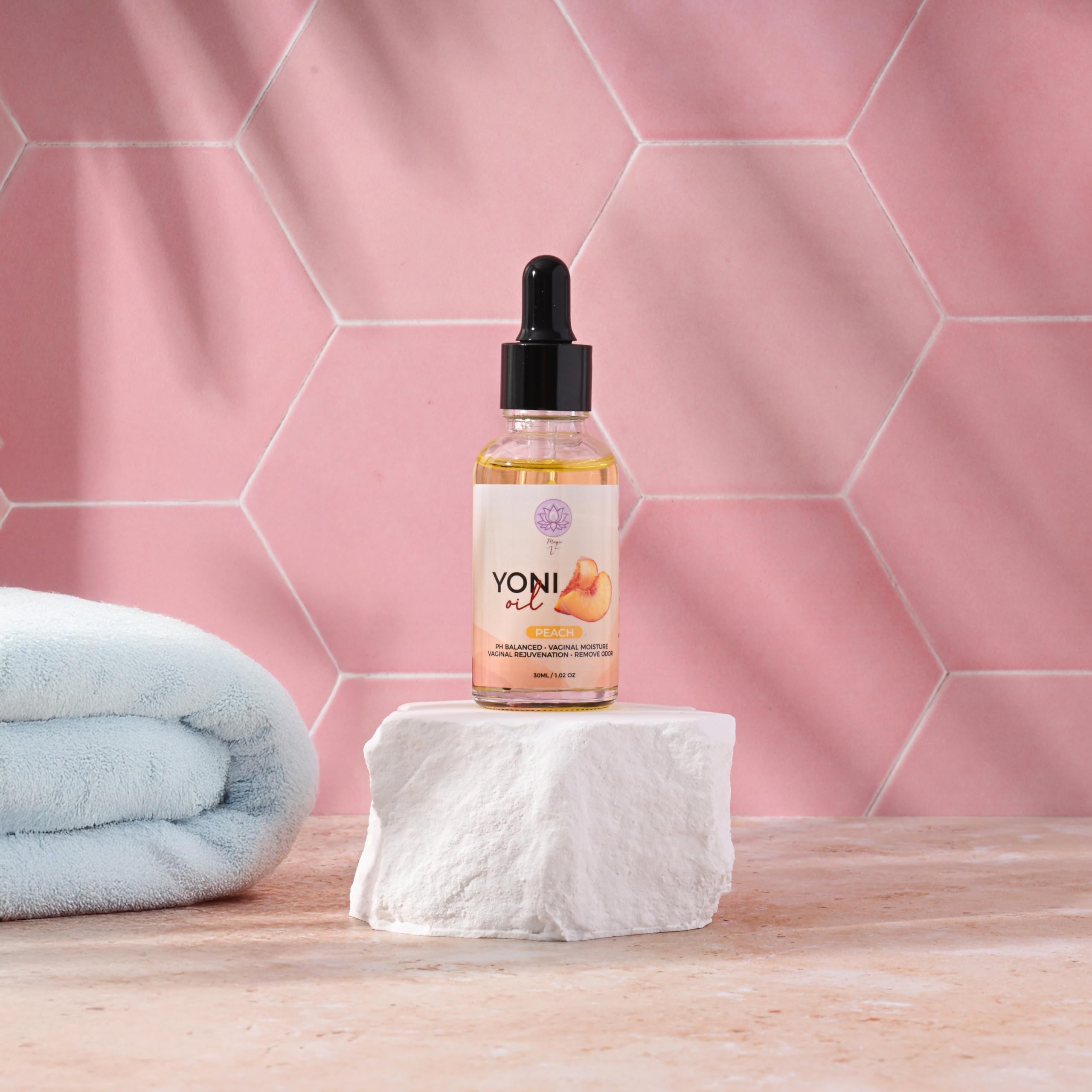 Magic V Steam yoni oil lifestyle shot suggests daily intimate care ritual.