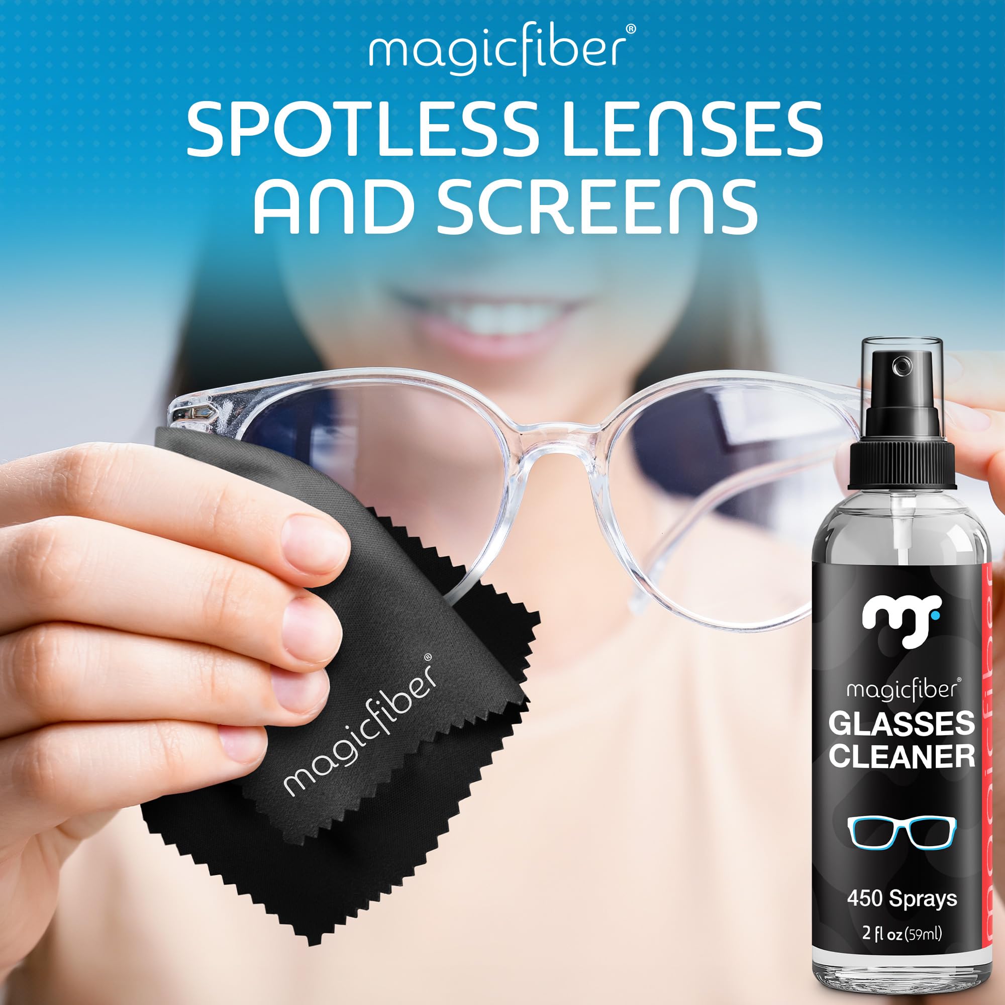 Close-up of MagicFiber 2 oz eyeglasses cleaner spray bottle