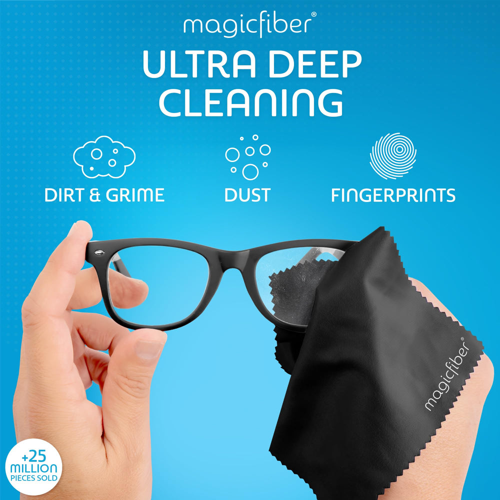 Cloth wiping eyeglasses to demonstrate streak-free cleaning