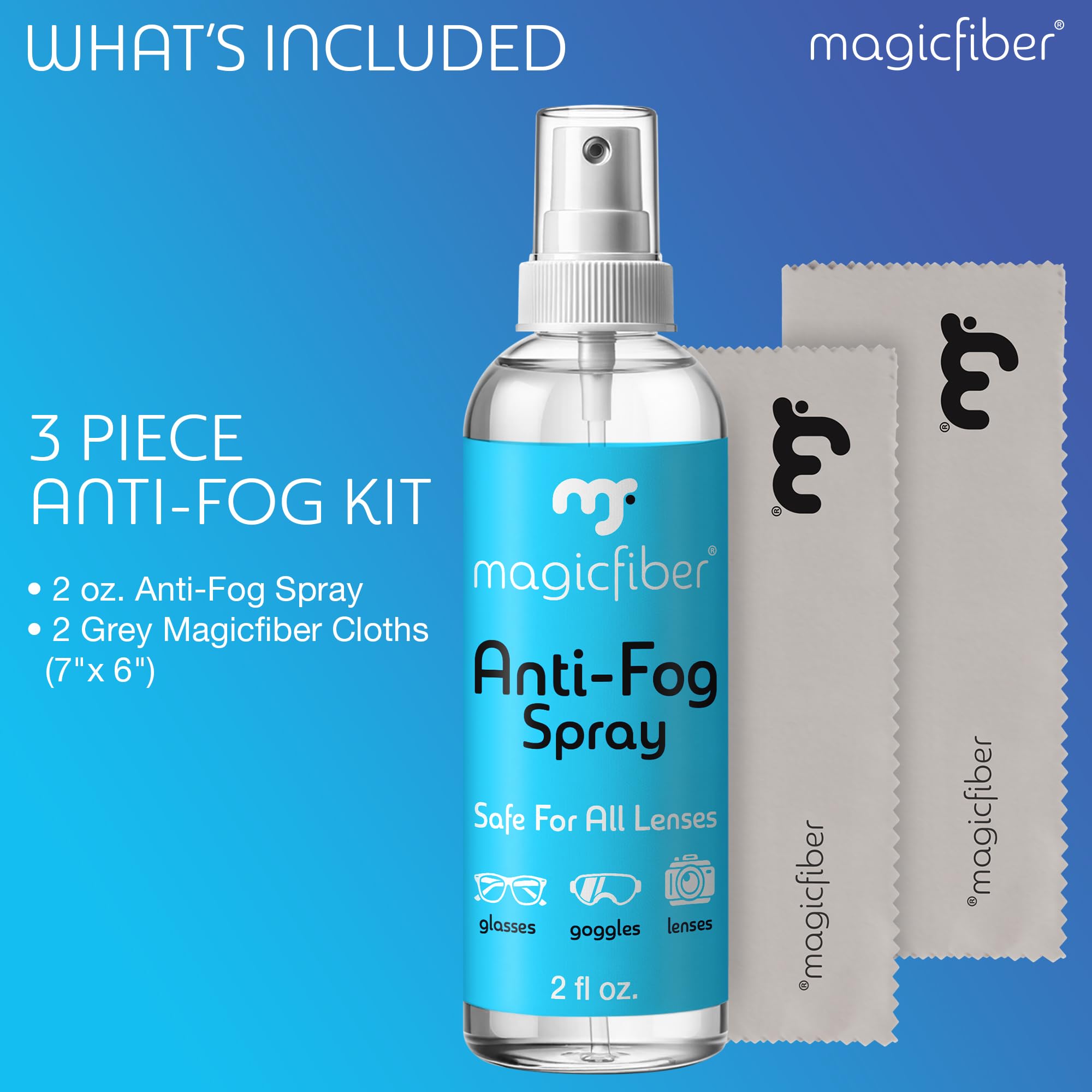 MagicFiber Anti Fog Spray kit packaging with cloths