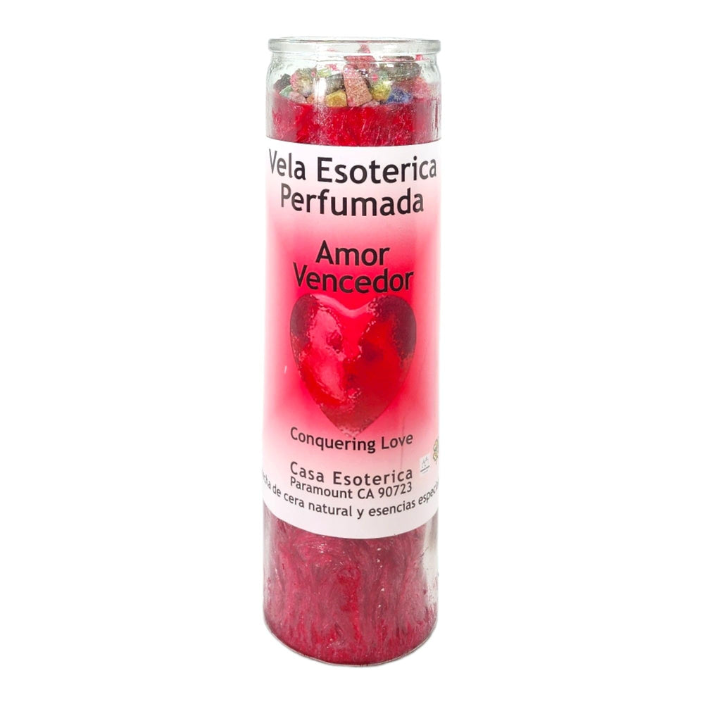 MAGICK SPACE Conquering Love palm wax candle red full burn enhances focus during rituals.