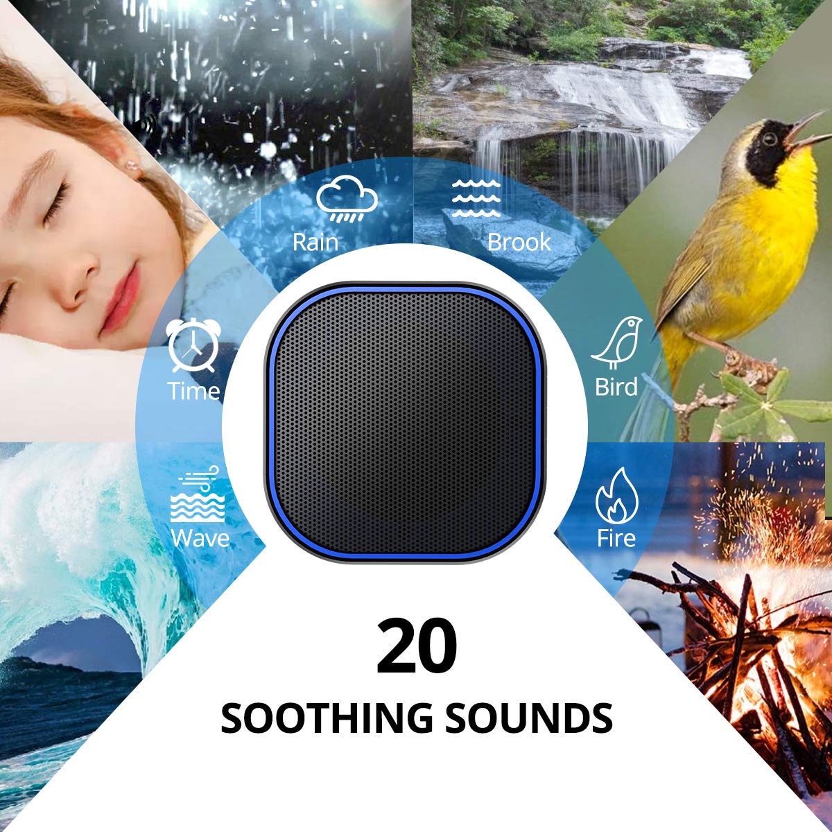Magicteam white-noise-machine-side view highlights portable design for home, office, or travel use.