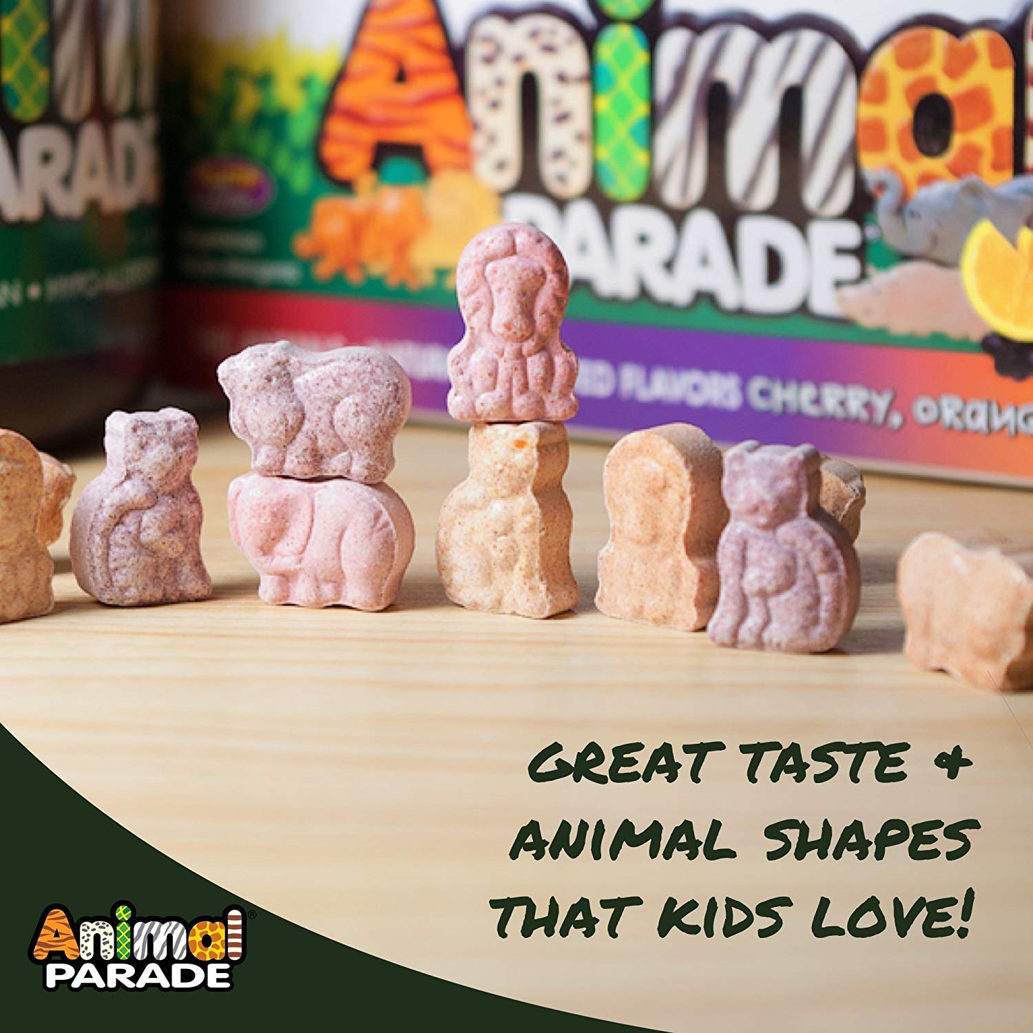 Three animal-shaped MagKidz chews in cherry flavor for children