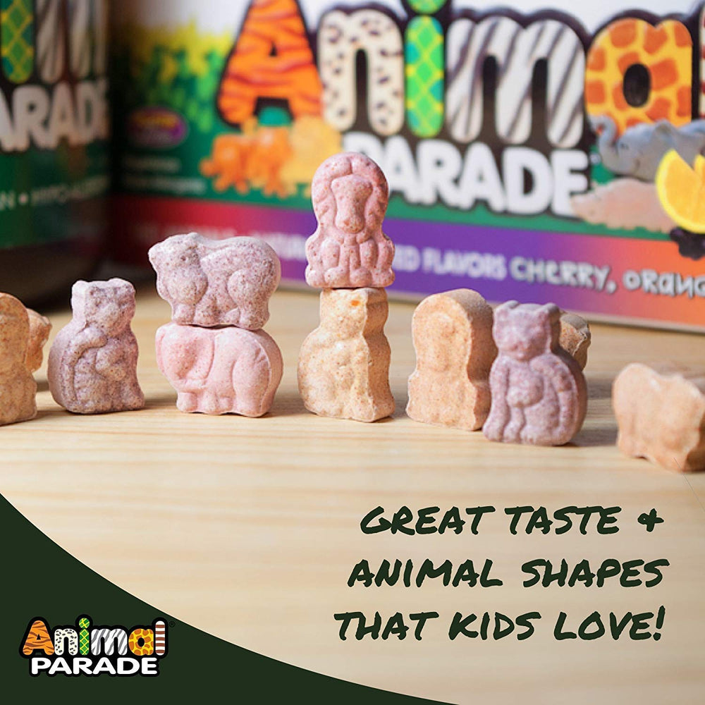 Three animal-shaped MagKidz chews in cherry flavor for children
