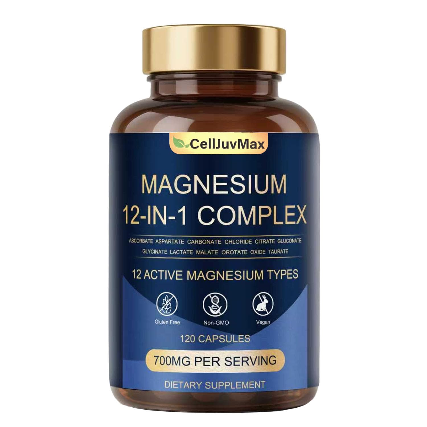 Bottle label showing 12 active magnesium types on blue-green gradient with golden cap