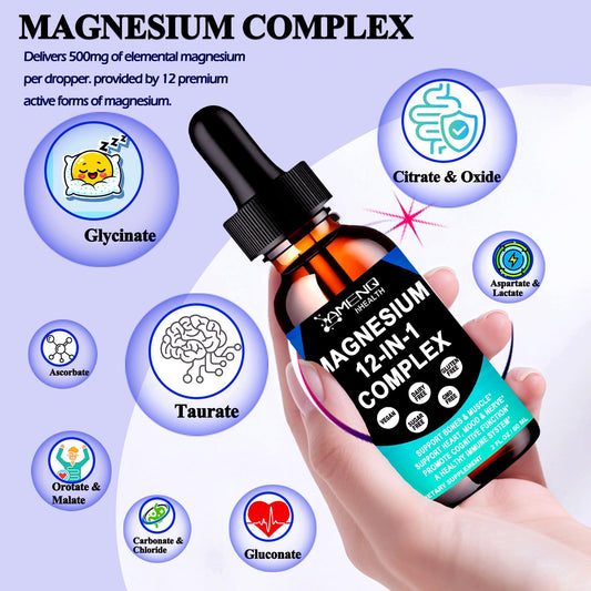 Close-up of the Magnesium 12-in-1 Liquid Drops bottle label