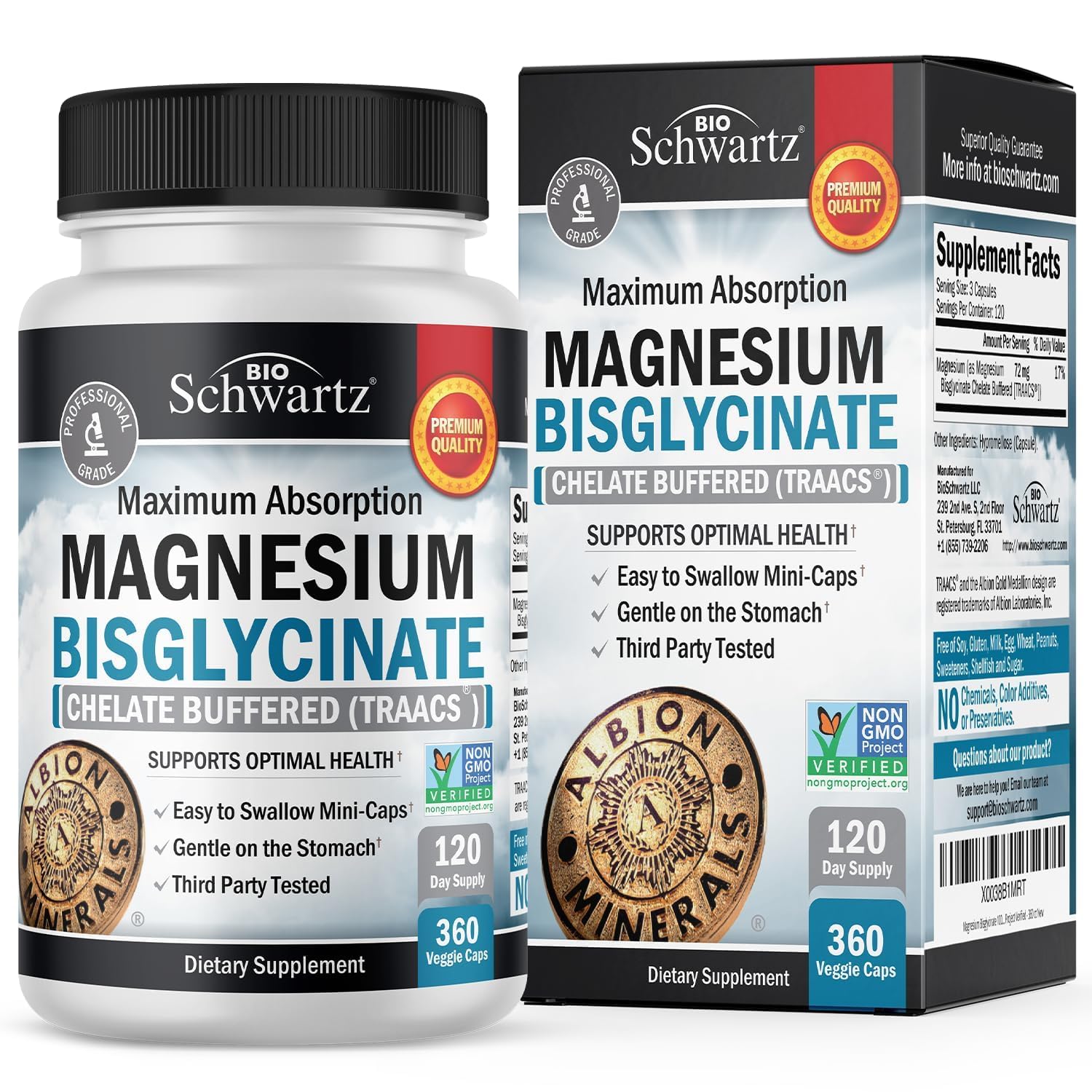 Front view of Magnesium Bisglycinate Chelated supplement bottle with 360 capsules