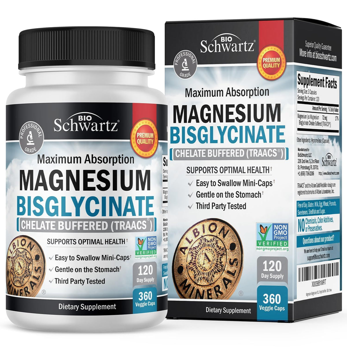 Front view of Magnesium Bisglycinate Chelated supplement bottle with 360 capsules