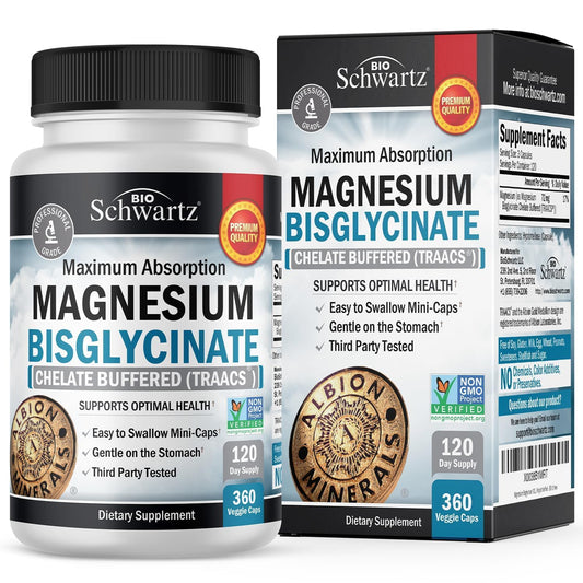 Front view of Magnesium Bisglycinate Chelated supplement bottle with 360 capsules