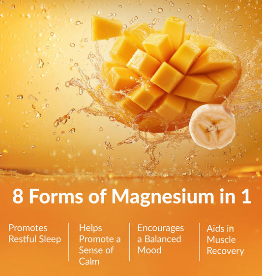 Close-up of bottle label highlighting 8 forms of magnesium