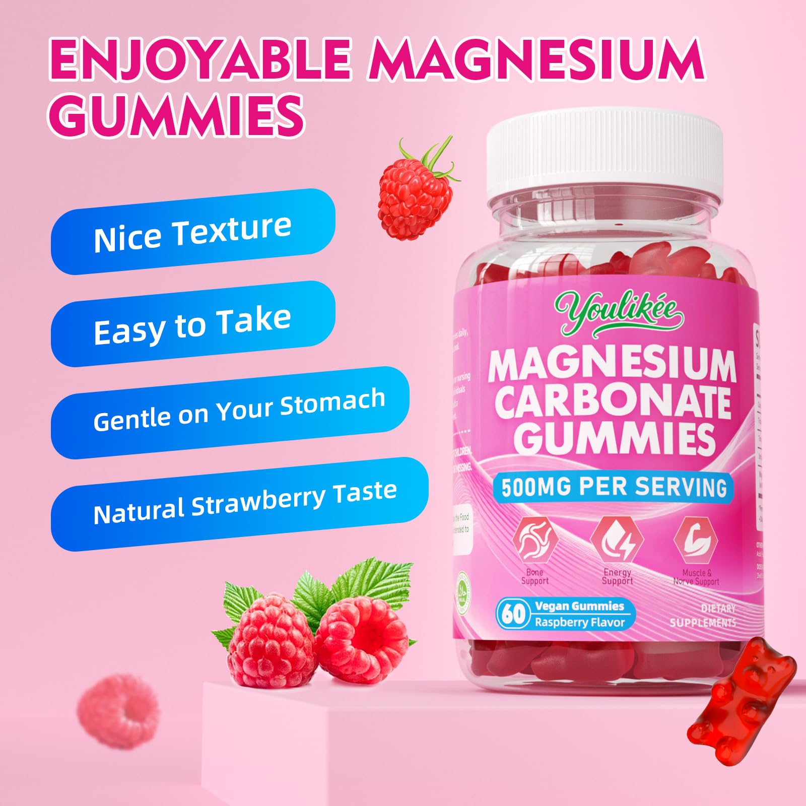 Vegan-friendly symbol with raspberry-flavored gummies