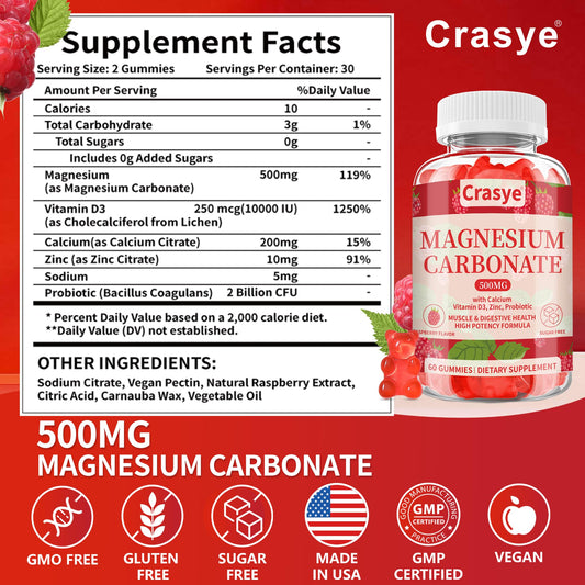 Nutrient panel showing magnesium carbonate along with calcium, vitamin D3, and zinc