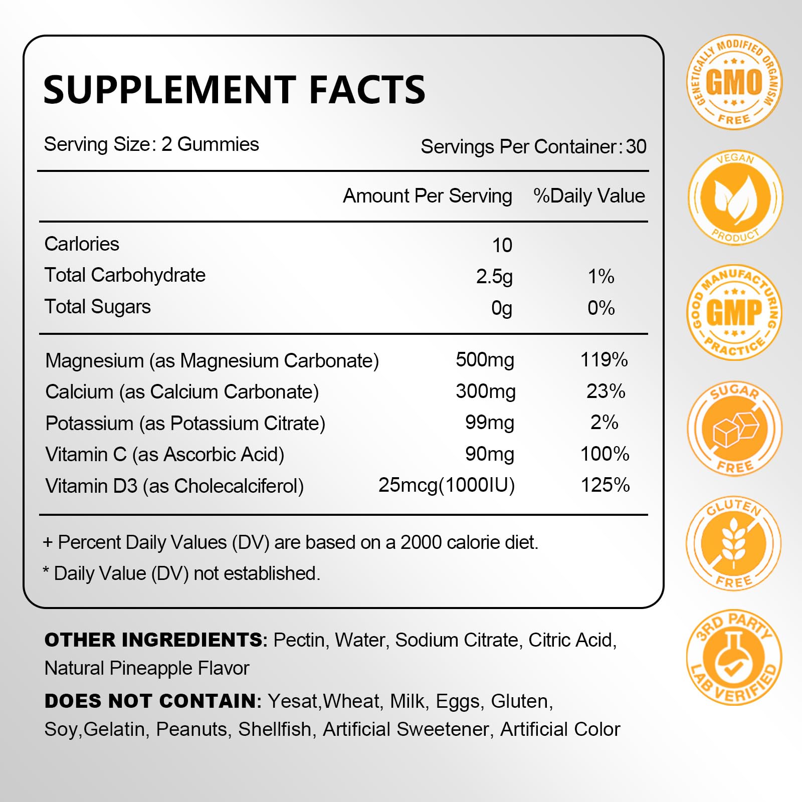 Label on bottle of Magnesium Carbonate Gummies 500mg Pineapple Flavor