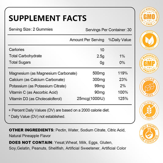 Label on bottle of Magnesium Carbonate Gummies 500mg Pineapple Flavor