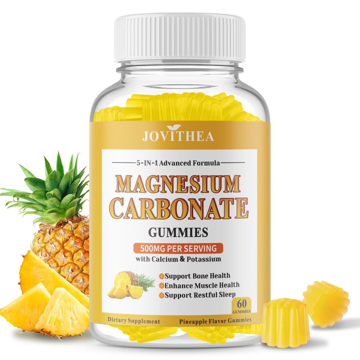 Bottle of Magnesium Carbonate Gummies 500mg Pineapple Flavor 60 Count