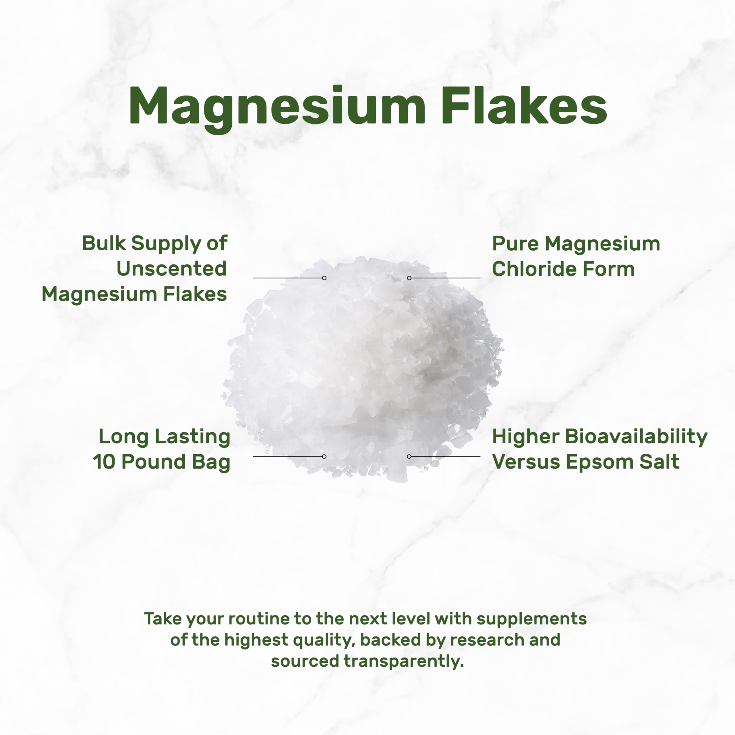 Close-up of magnesium chloride flakes for bulk 10 lb supply