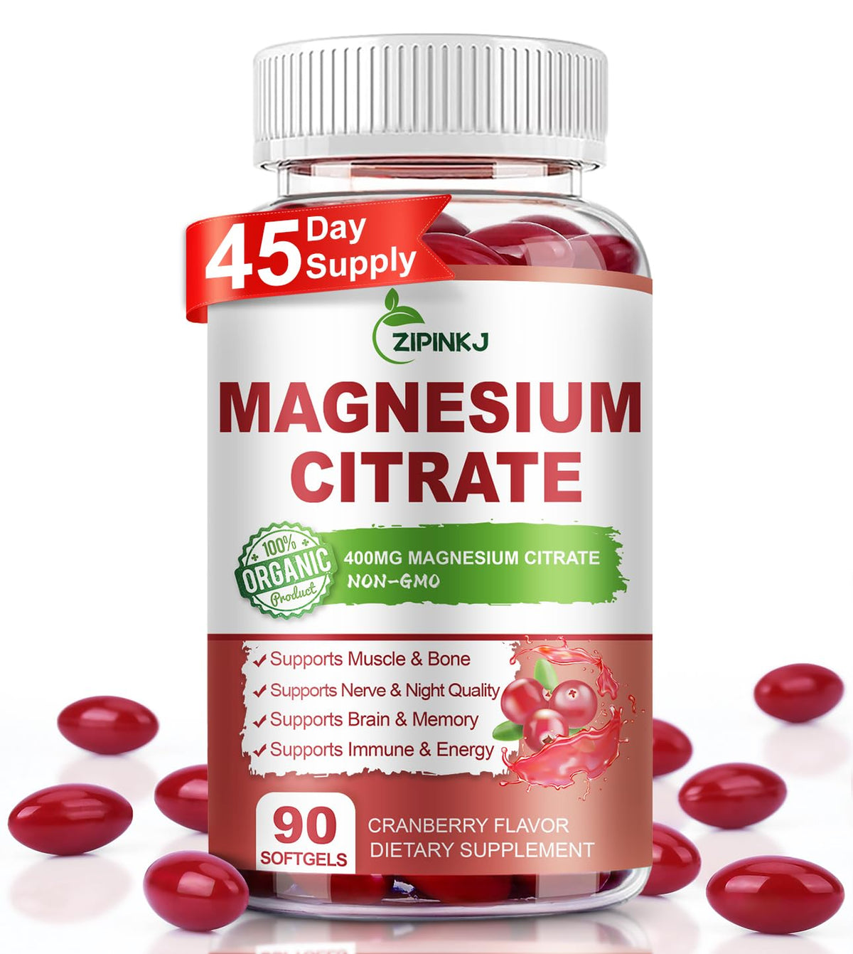 Bottle of Magnesium Citrate 400mg with Vitamin D3, Vitamin B6 and Cranberry extract