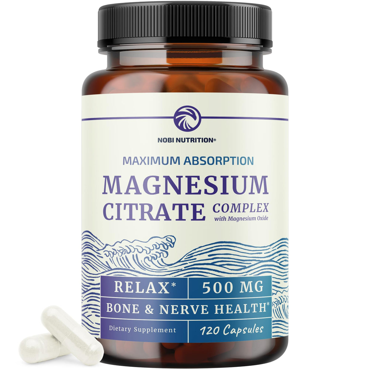 Magnesium Citrate 500 mg bottle front (120 count)