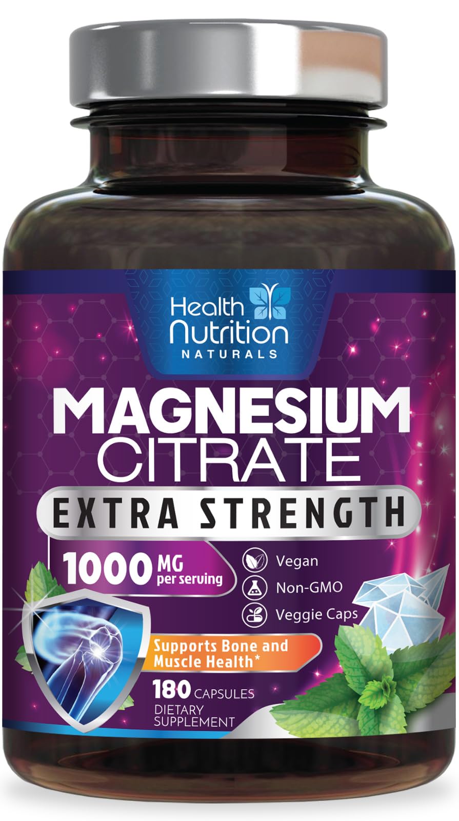 Magnesium citrate capsules bottle hero image showing 1000mg per serving