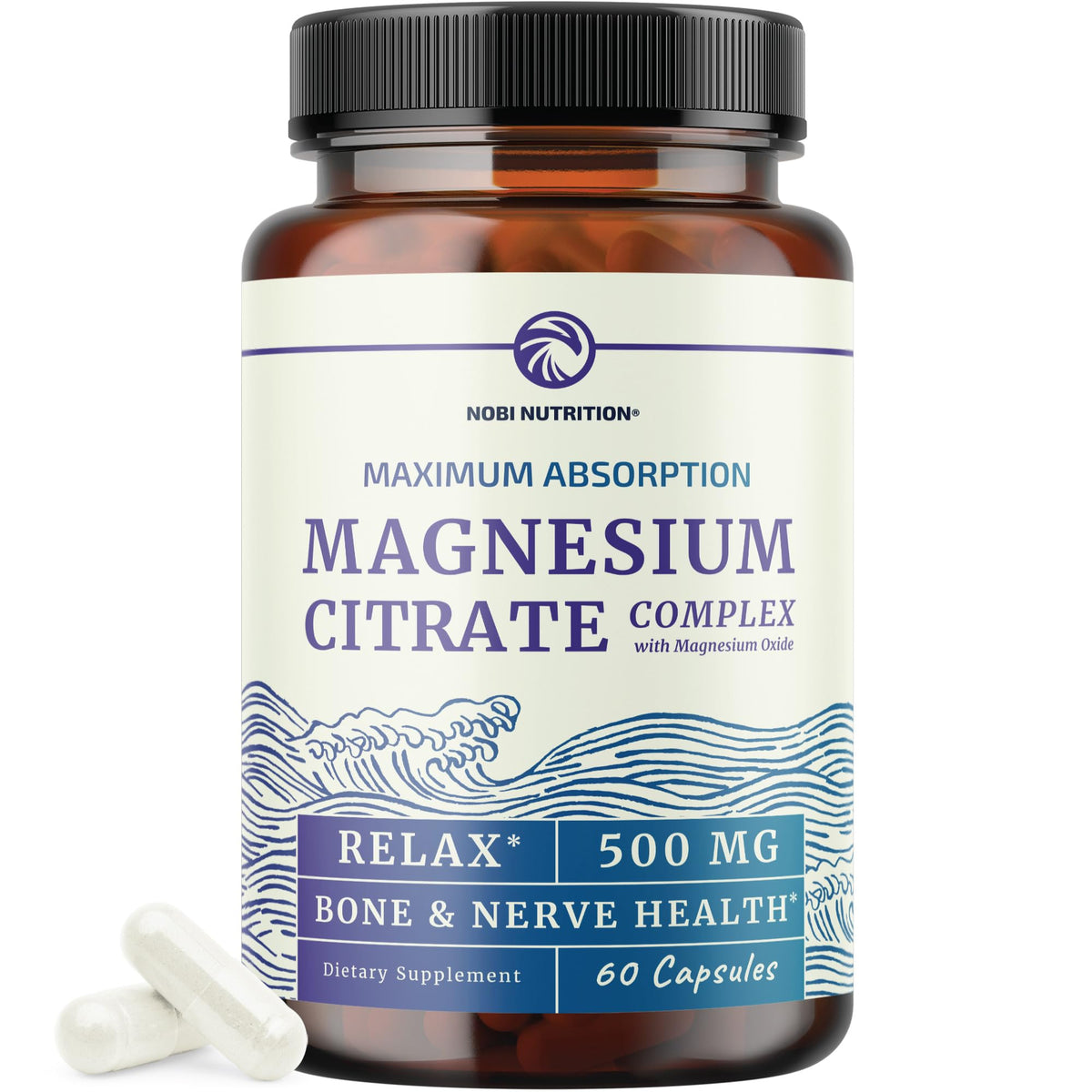 Front view of Magnesium Citrate Complex bottle with 60 caplets