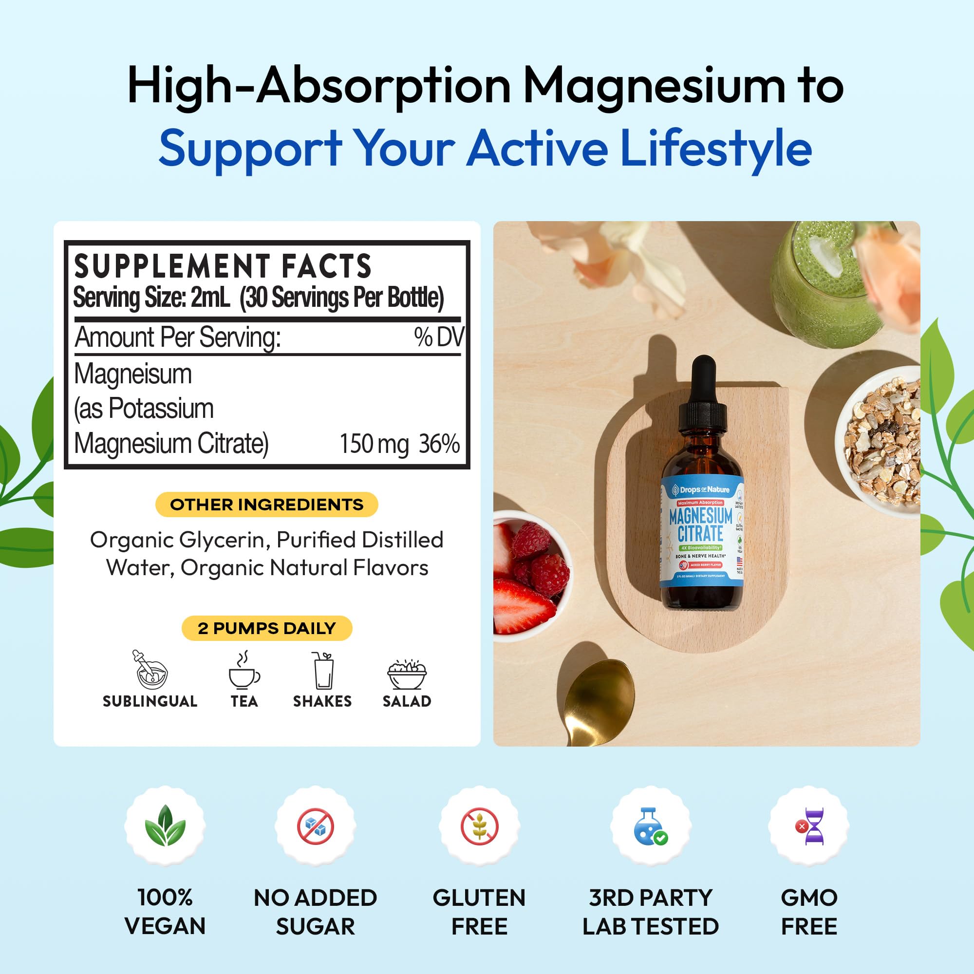 Close-up of nutrition label on Magnesium Citrate Liquid bottle