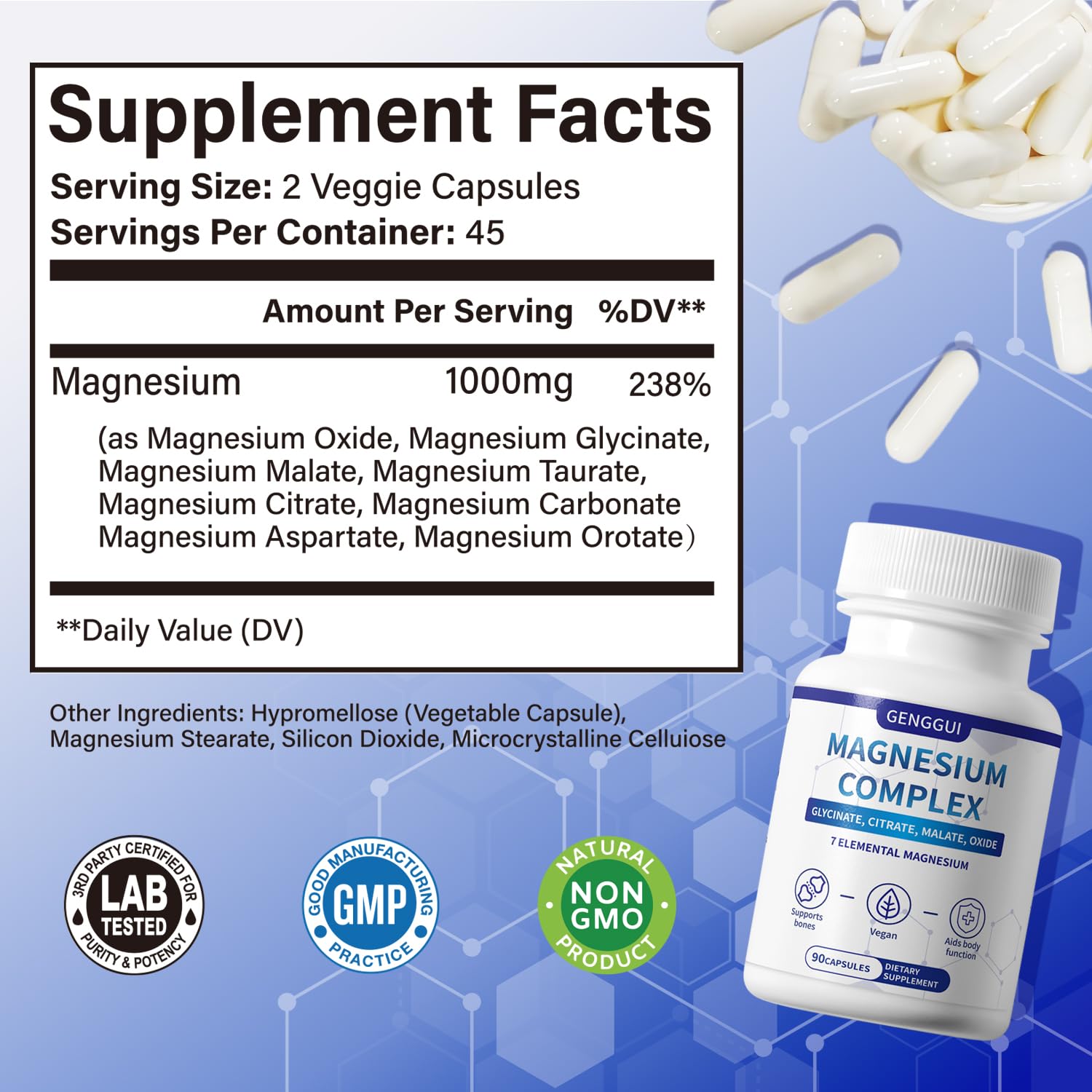 Nutrition facts panel for Magnesium Complex 1000mg