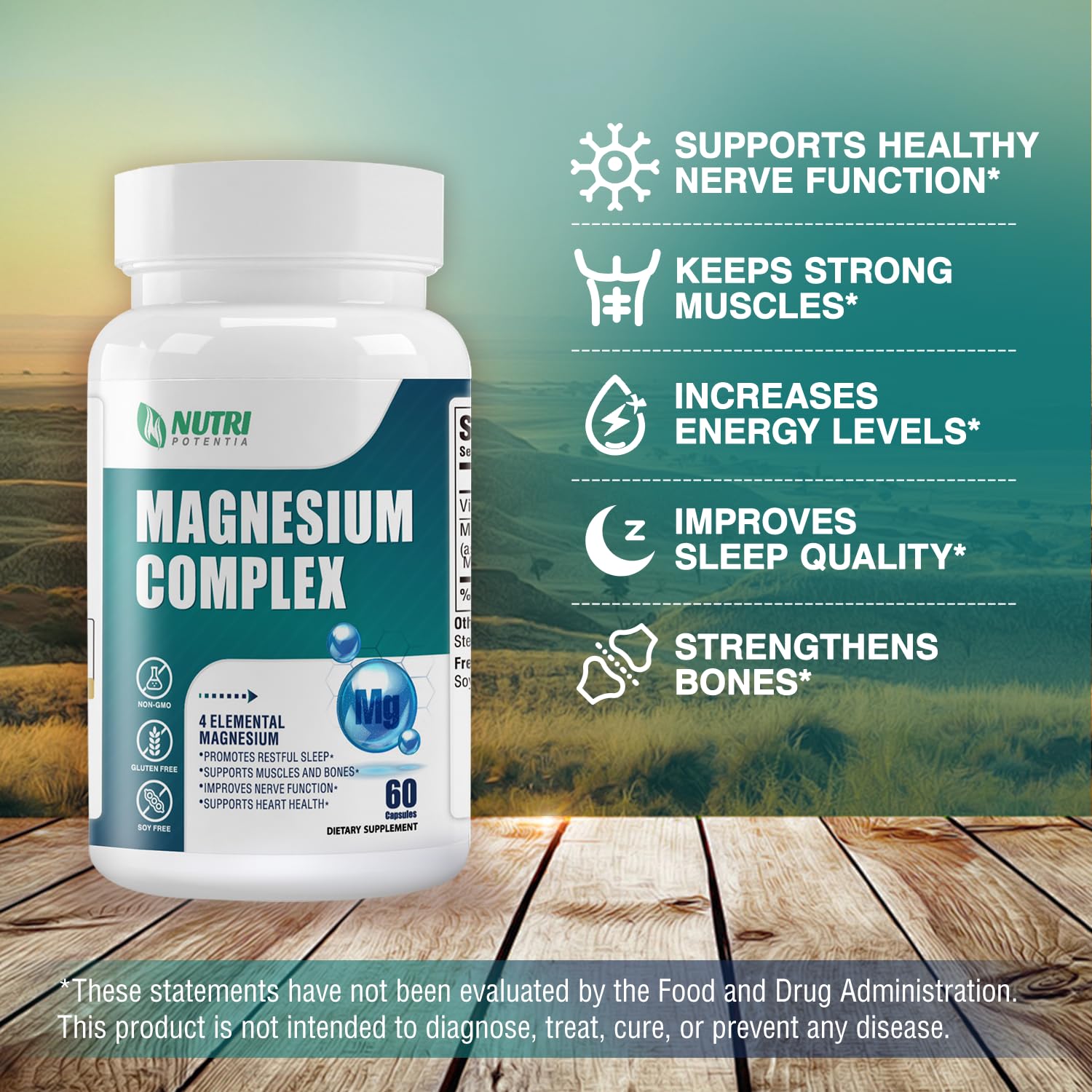 Product benefits shown: bone density, heart health, muscle support, nervous system