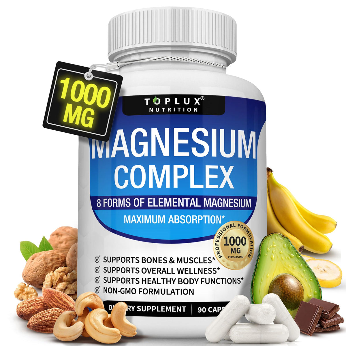 Close-up of Toplux Magnesium Complex 8-form blend bottle