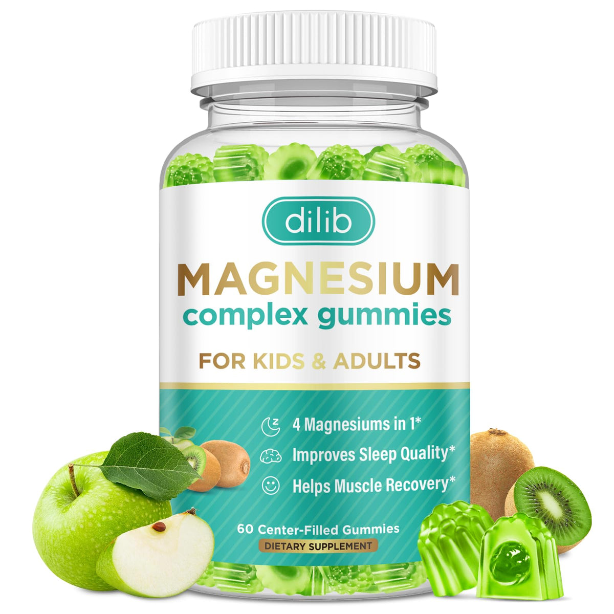 Front view of Magnesium Complex Gummies bottle featuring green apple and kiwi flavor