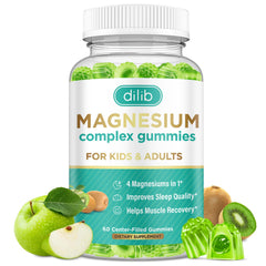 Front view of Magnesium Complex Gummies bottle featuring green apple and kiwi flavor