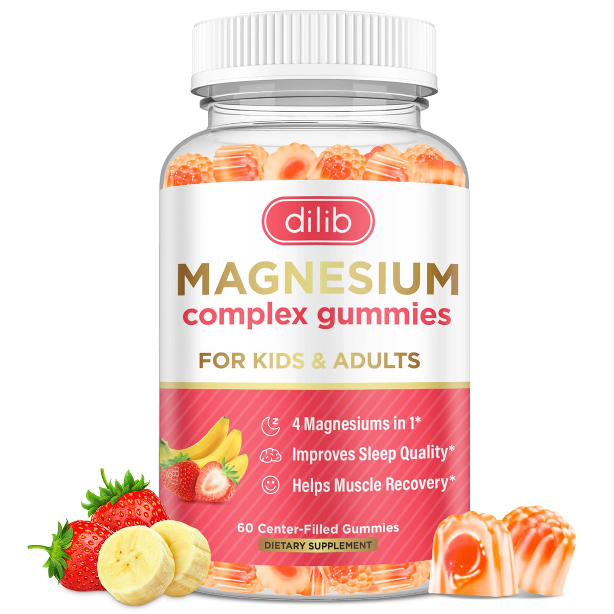 Magnesium Complex Gummies for kids and adults with banana-strawberry flavor, 60-count