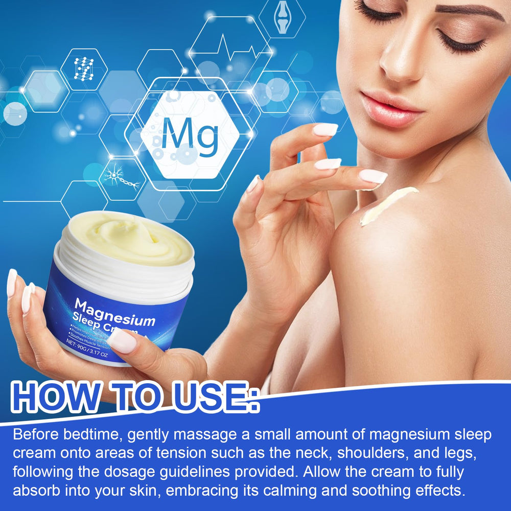 Magnesium Cream texture close-up shows a light, fast-absorbing formula.